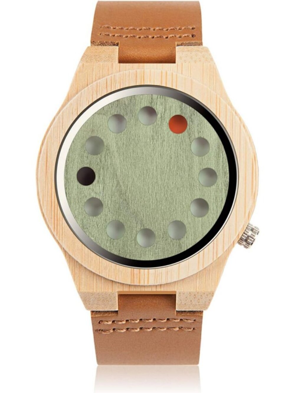 Men's Bamboo Wooden Watch with Black Leather Strap, Sports Casual Timer Design